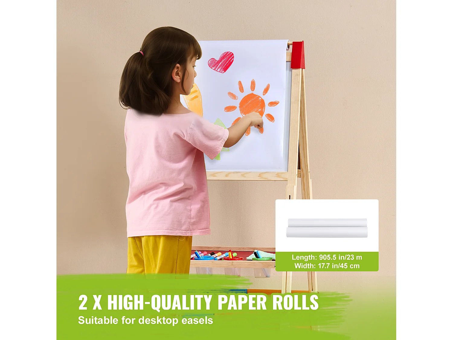 Chevalet d'Art pour Enfants SucceBuy 32 Pièces, avec Craie, Marqueurs, Rouleaux de Papier pour Chevalet sur Pied