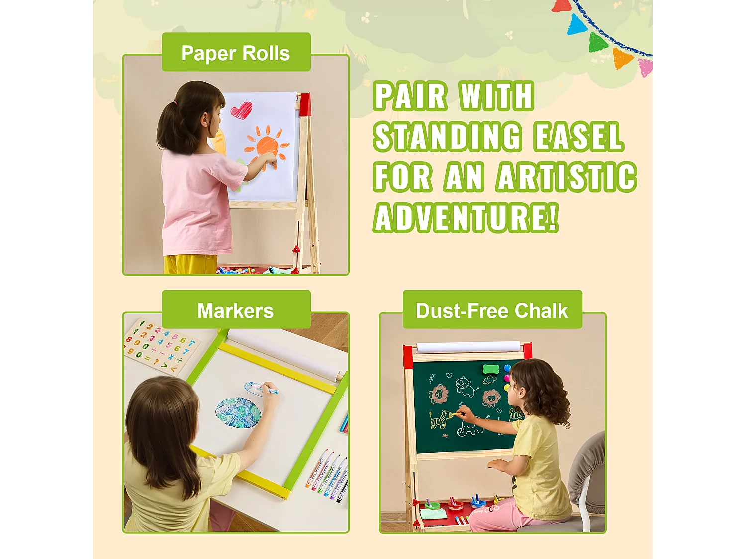 Chevalet d'Art pour Enfants SucceBuy 32 Pièces, avec Craie, Marqueurs, Rouleaux de Papier pour Chevalet sur Pied