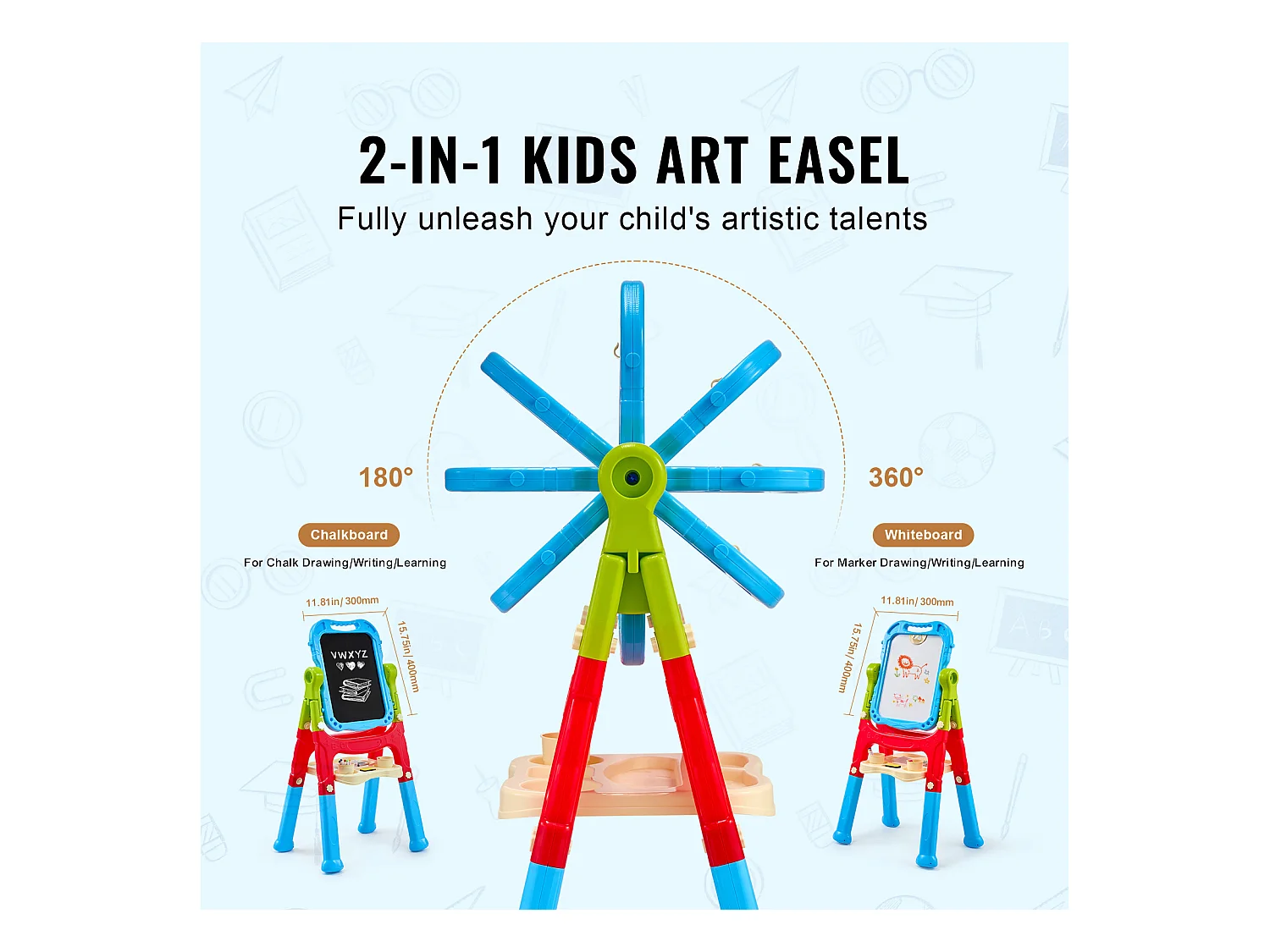 Chevalet d'Art pour Enfants 2 en 1 SucceBuy, Tableau Blanc Magnétique Double Face, Rotatif