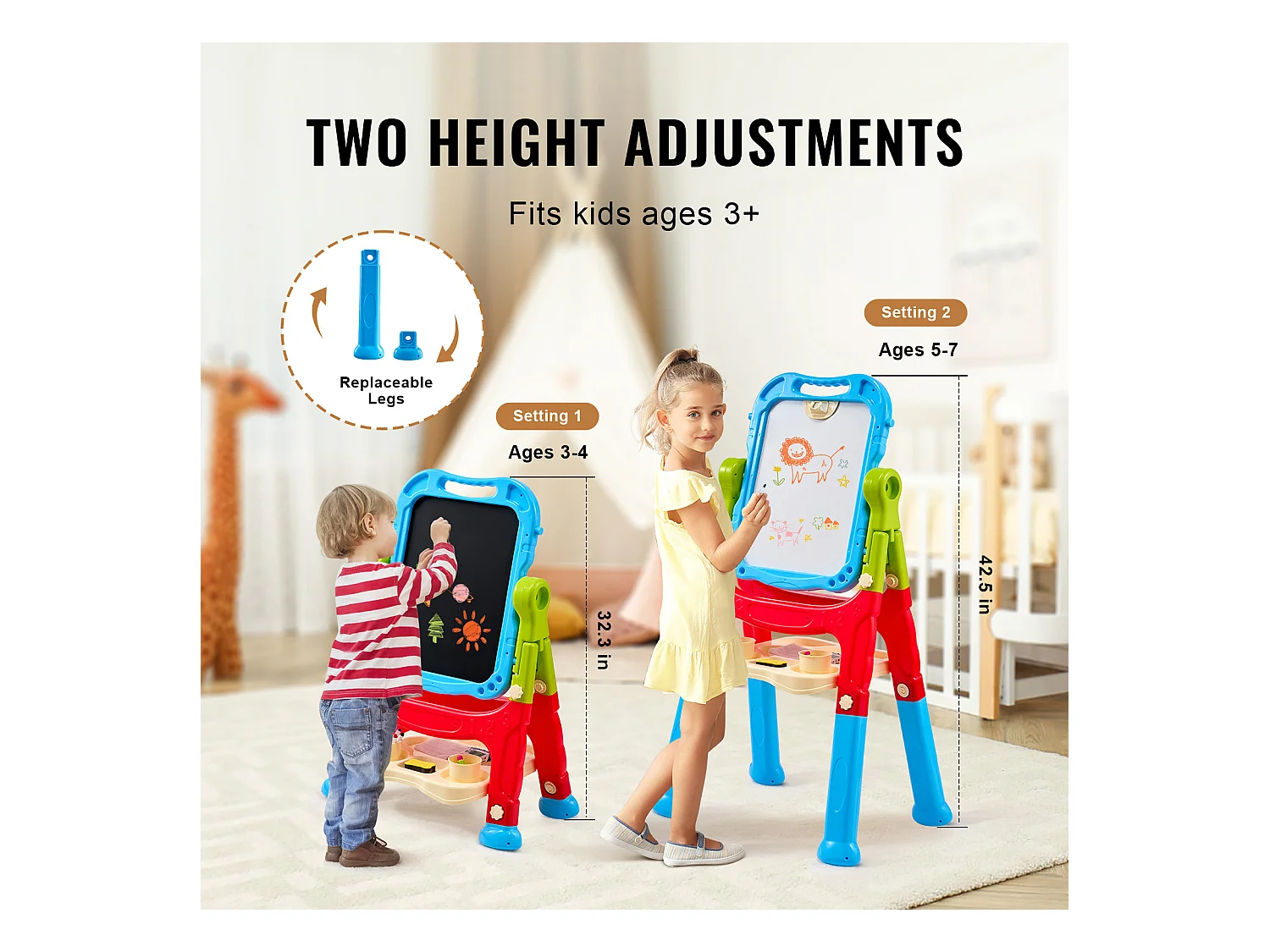 Chevalet d'Art pour Enfants 2 en 1 SucceBuy, Tableau Blanc Magnétique Double Face, Rotatif