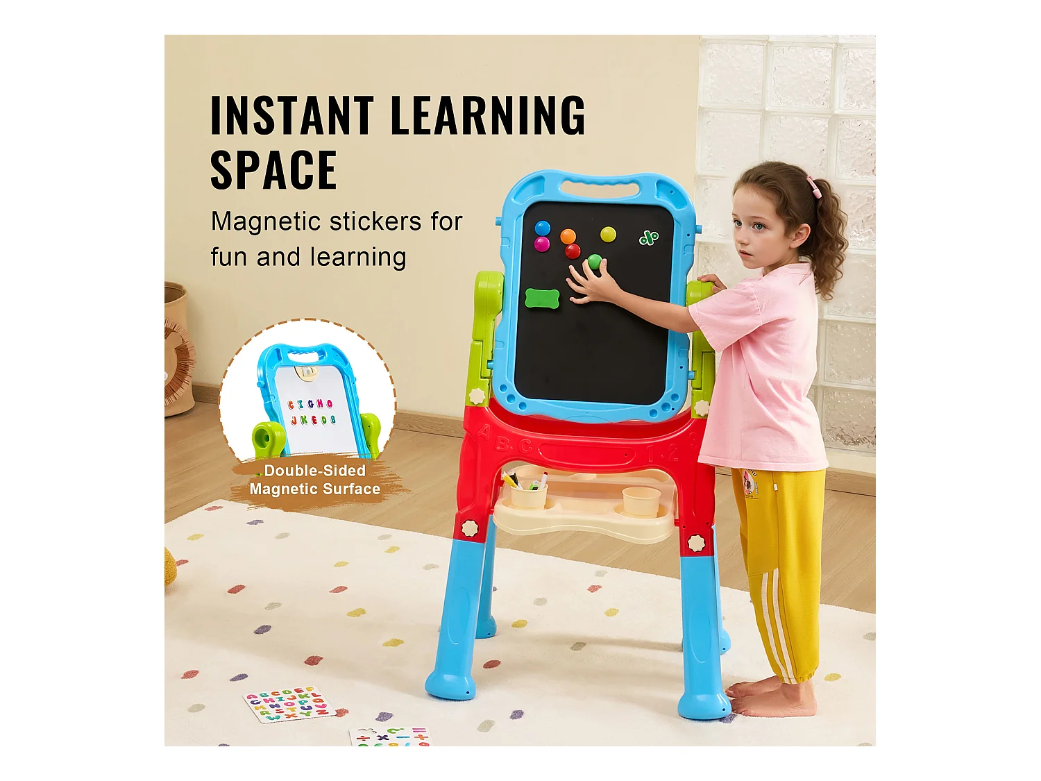 Chevalet d'Art pour Enfants 2 en 1 SucceBuy, Tableau Blanc Magnétique Double Face, Rotatif