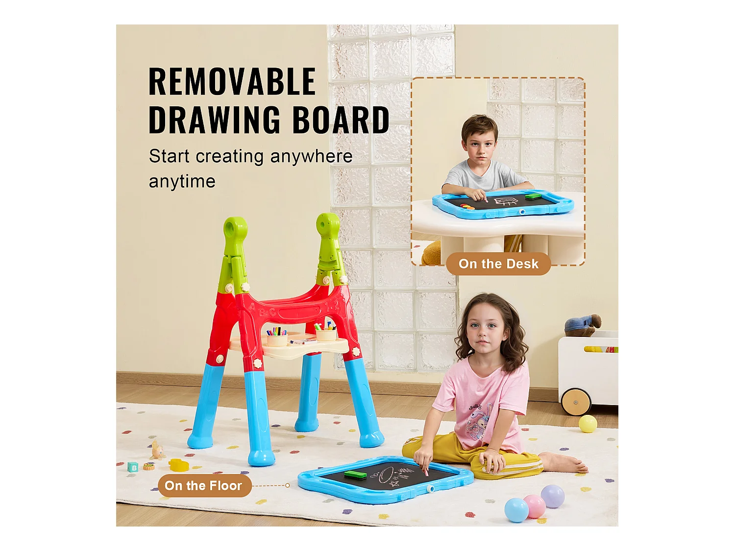 Chevalet d'Art pour Enfants 2 en 1 SucceBuy, Tableau Blanc Magnétique Double Face, Rotatif