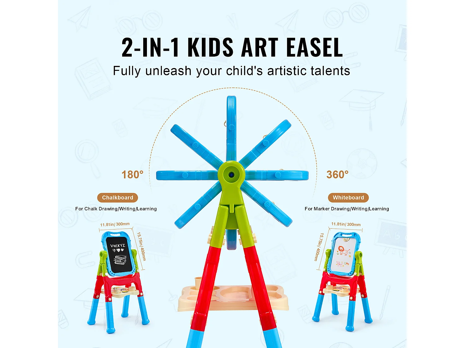 Chevalet d'Art pour Enfants 2 en 1 SucceBuy, Tableau Blanc Magnétique Double Face, Rotatif