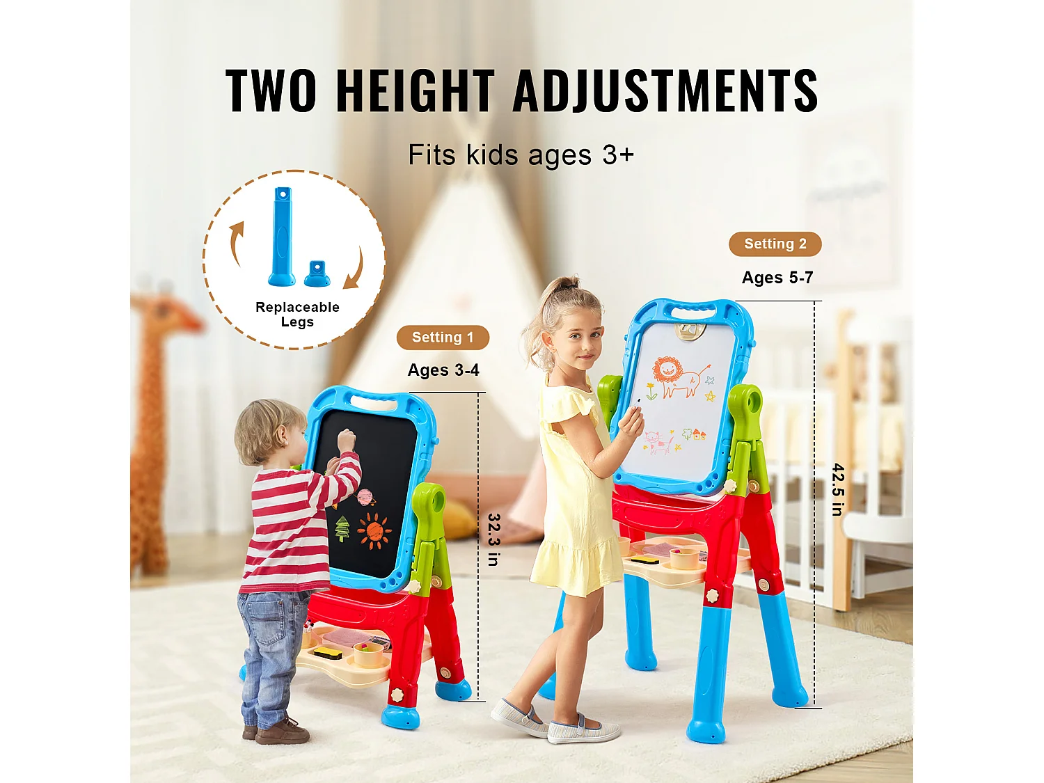 Chevalet d'Art pour Enfants 2 en 1 SucceBuy, Tableau Blanc Magnétique Double Face, Rotatif