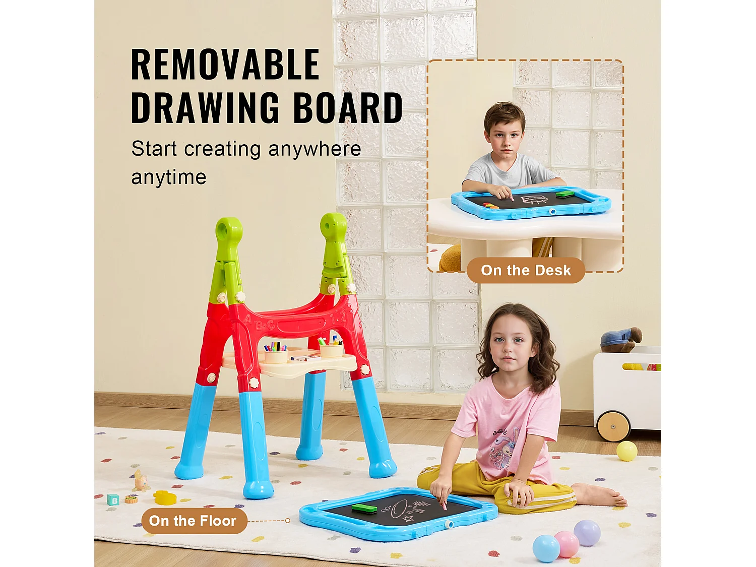 Chevalet d'Art pour Enfants 2 en 1 SucceBuy, Tableau Blanc Magnétique Double Face, Rotatif