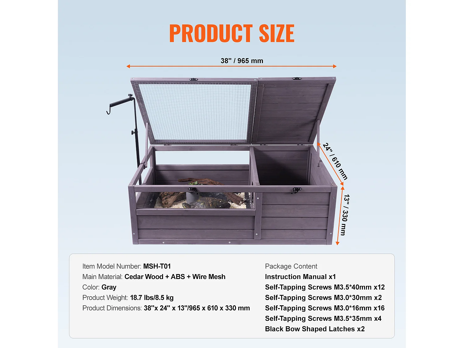 Vivarium Reptiles, SucceBuy 96,5 × 61 × 33 cm Habitat pour Tortue Maison en Bois 2 Pièces pour Reptiles Intérieur/Extérieur