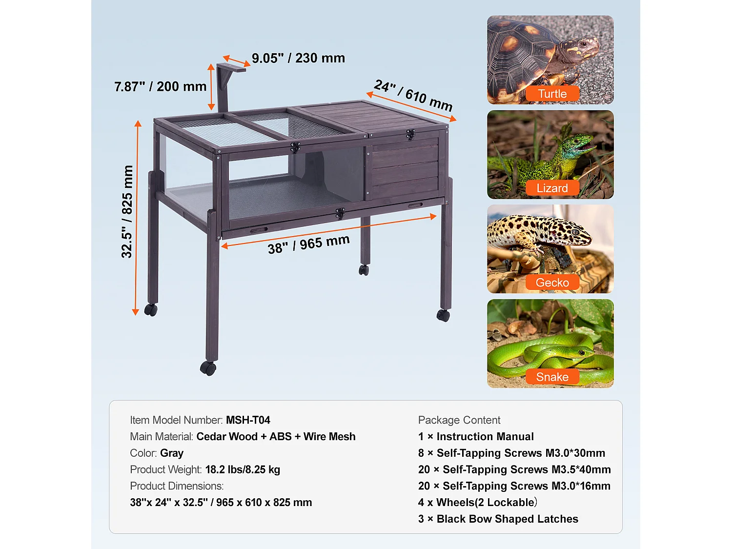 Vivarium Reptiles, SucceBuy Maison pour Tortues en Bois, Habitat Roulant pour Serpents, Intérieur et Extérieur