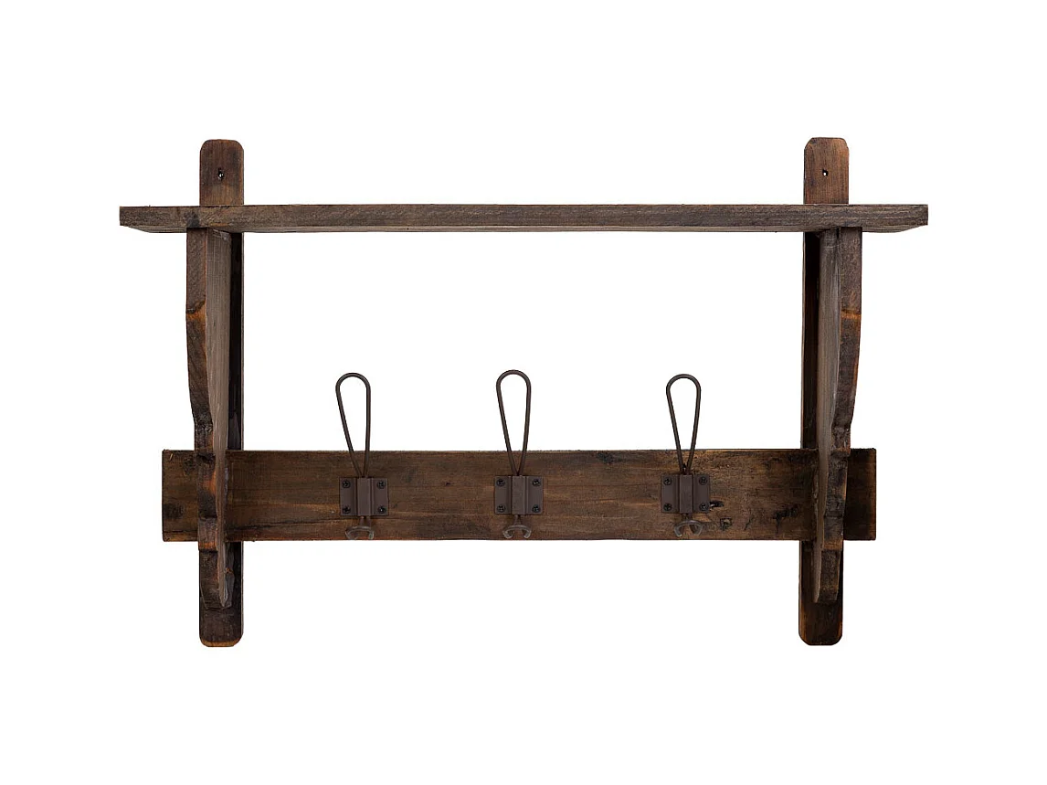 Cabide de parede em madeira e metal com 3 ganchos 61x18,5x41,5h cm