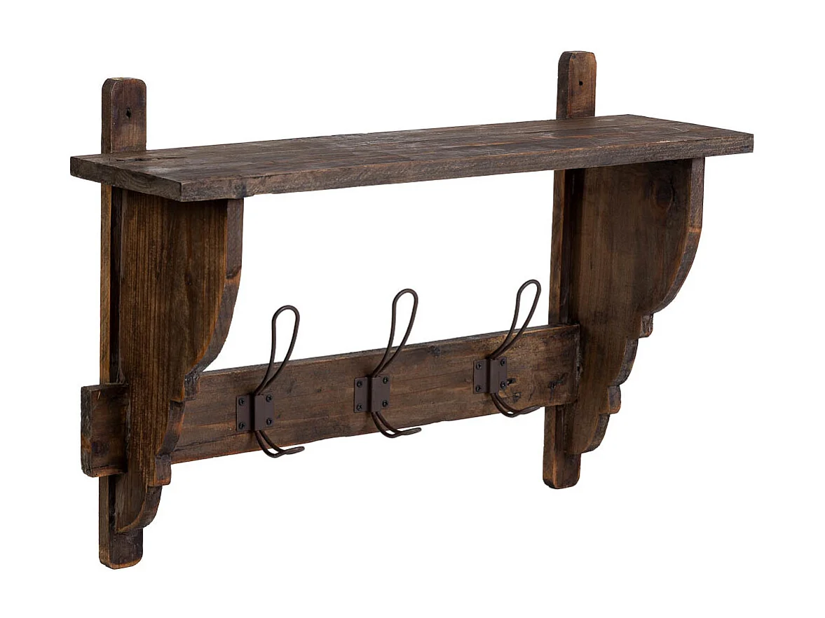 Cabide de parede em madeira e metal com 3 ganchos 61x18,5x41,5h cm