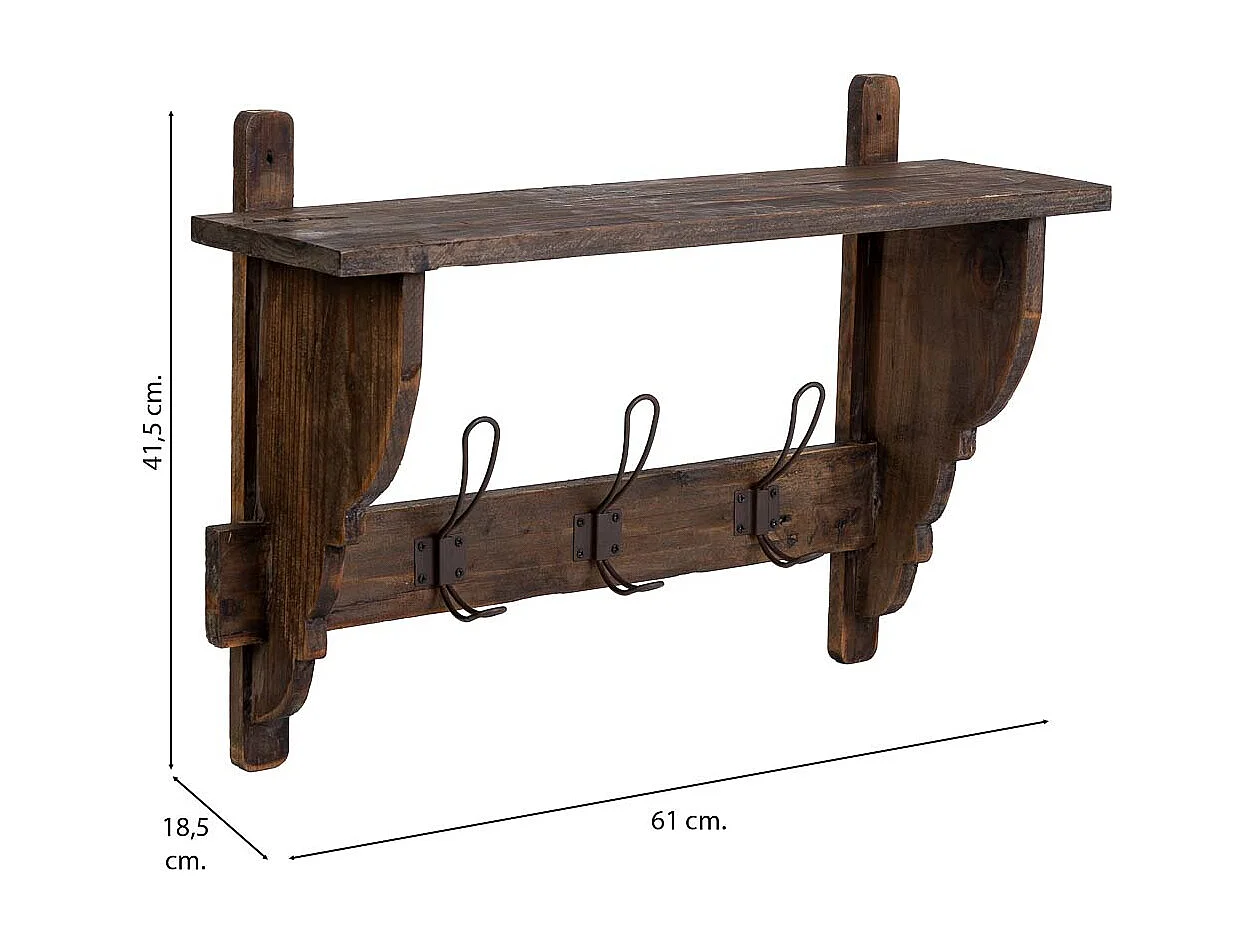Cabide de parede em madeira e metal com 3 ganchos 61x18,5x41,5h cm