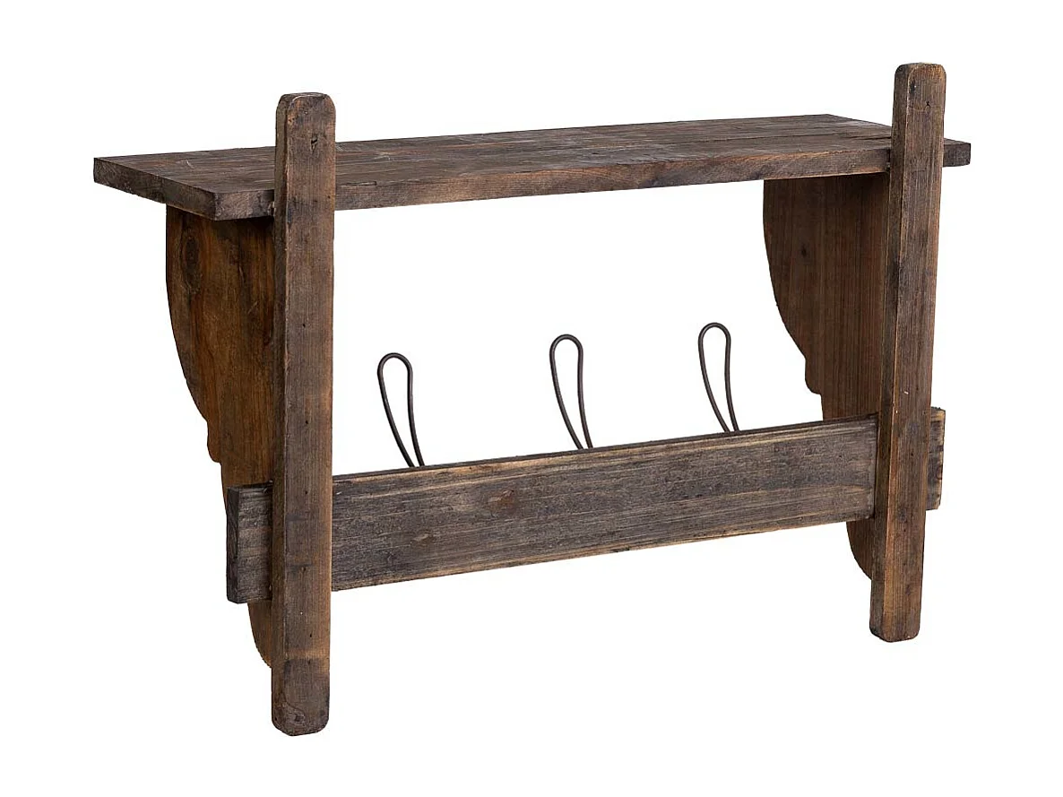 Cabide de parede em madeira e metal com 3 ganchos 61x18,5x41,5h cm