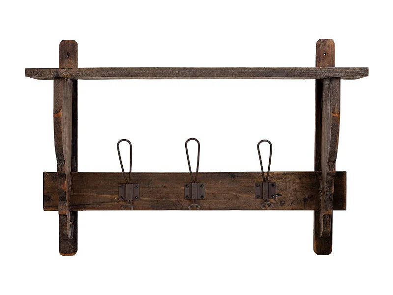 Cabide de parede em madeira e metal com 3 ganchos 61x18,5x41,5h cm