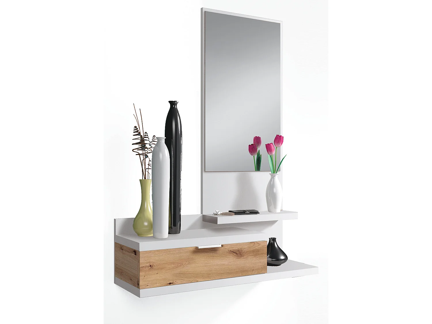 Mobile Ingresso Con Cassetto Specchio E Mensola Design Moderno Salvaspazio Ideale Per Ingresso Soggiorno Con Stile E Funzionalità; 81 x 116 x 29 Cm Bianco E Rovere