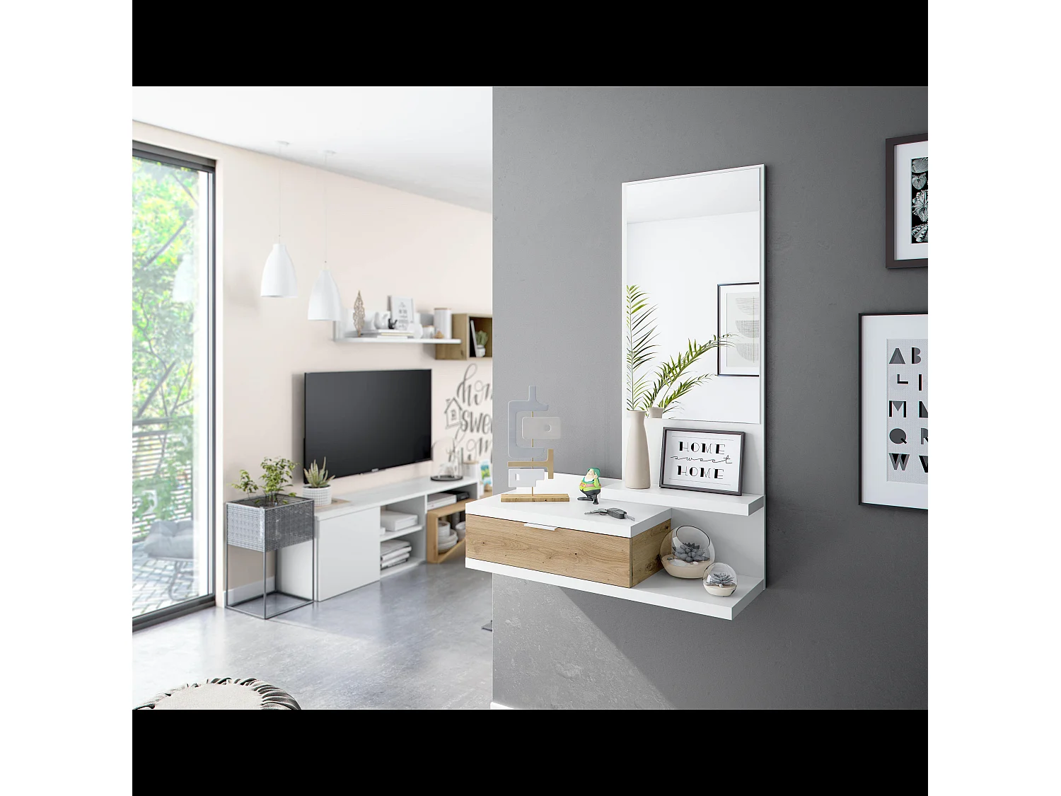 Mobile Ingresso Con Cassetto Specchio E Mensola Design Moderno Salvaspazio Ideale Per Ingresso Soggiorno Con Stile E Funzionalità; 81 x 116 x 29 Cm Bianco E Rovere