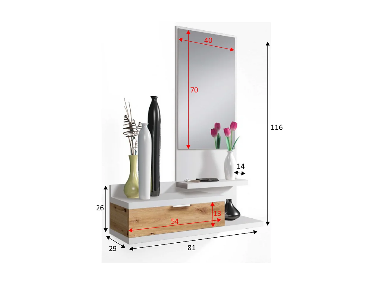 Mobile Ingresso Con Cassetto Specchio E Mensola Design Moderno Salvaspazio Ideale Per Ingresso Soggiorno Con Stile E Funzionalità; 81 x 116 x 29 Cm Bianco E Rovere