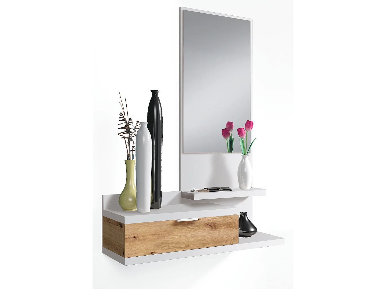 Mobile Ingresso Con Cassetto Specchio E Mensola Design Moderno Salvaspazio Ideale Per Ingresso Soggiorno Con Stile E Funzionalità 81 x 116 x 29 Cm Bianco E Rovere