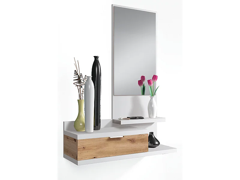 Mobile Ingresso Con Cassetto Specchio E Mensola Design Moderno Salvaspazio Ideale Per Ingresso Soggiorno Con Stile E Funzionalità; 81 x 116 x 29 Cm Bianco E Rovere