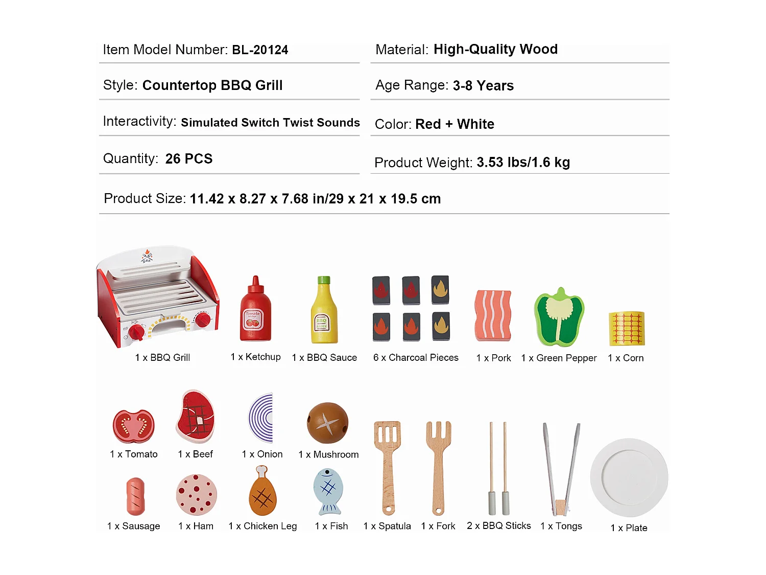 Ensemble de Jouet BBQ pour Enfant en Bois SucceBuy, Feu de Carbone Réaliste 26 PCS