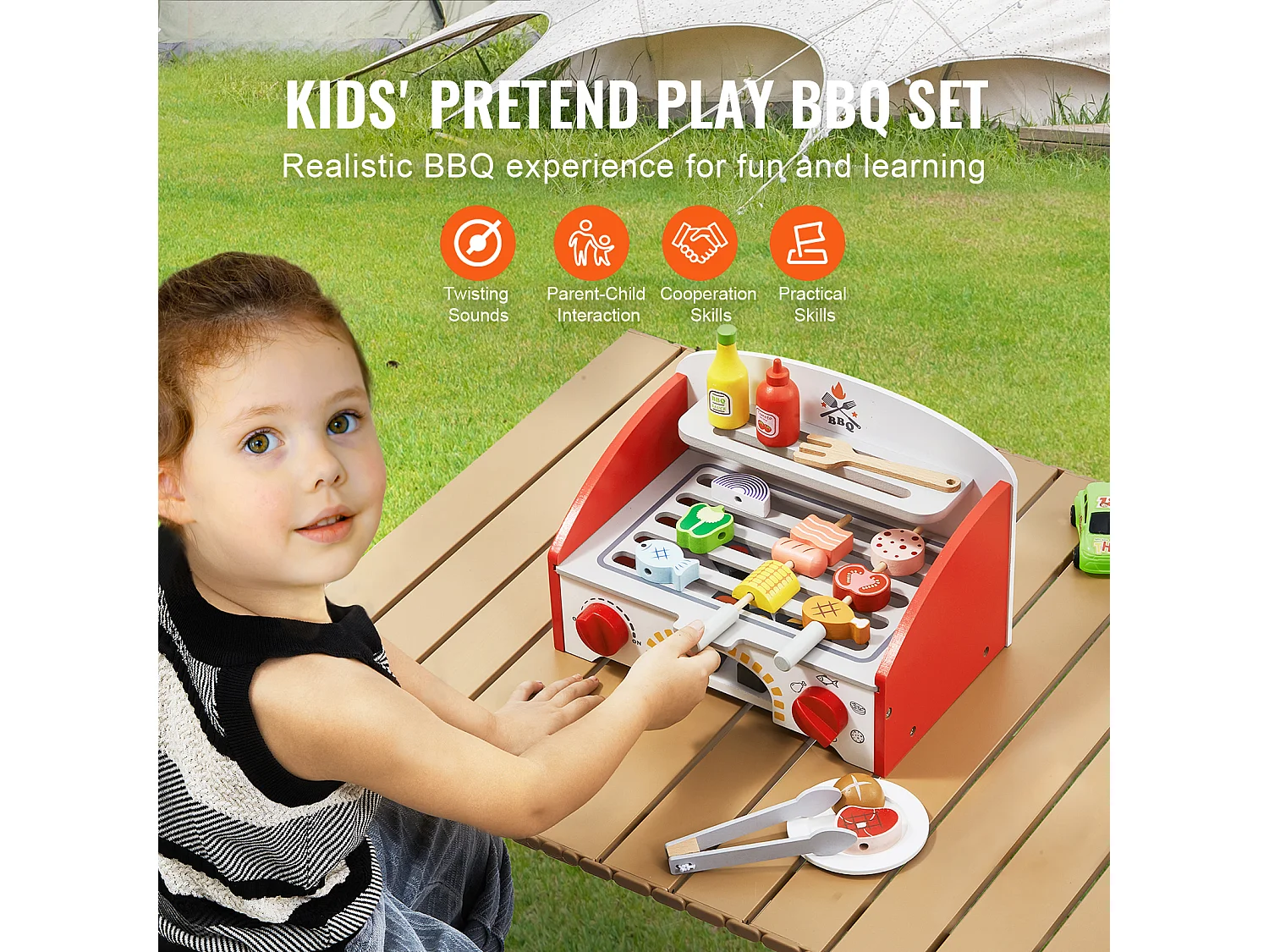 Ensemble de Jouet BBQ pour Enfant en Bois SucceBuy, Feu de Carbone Réaliste 26 PCS