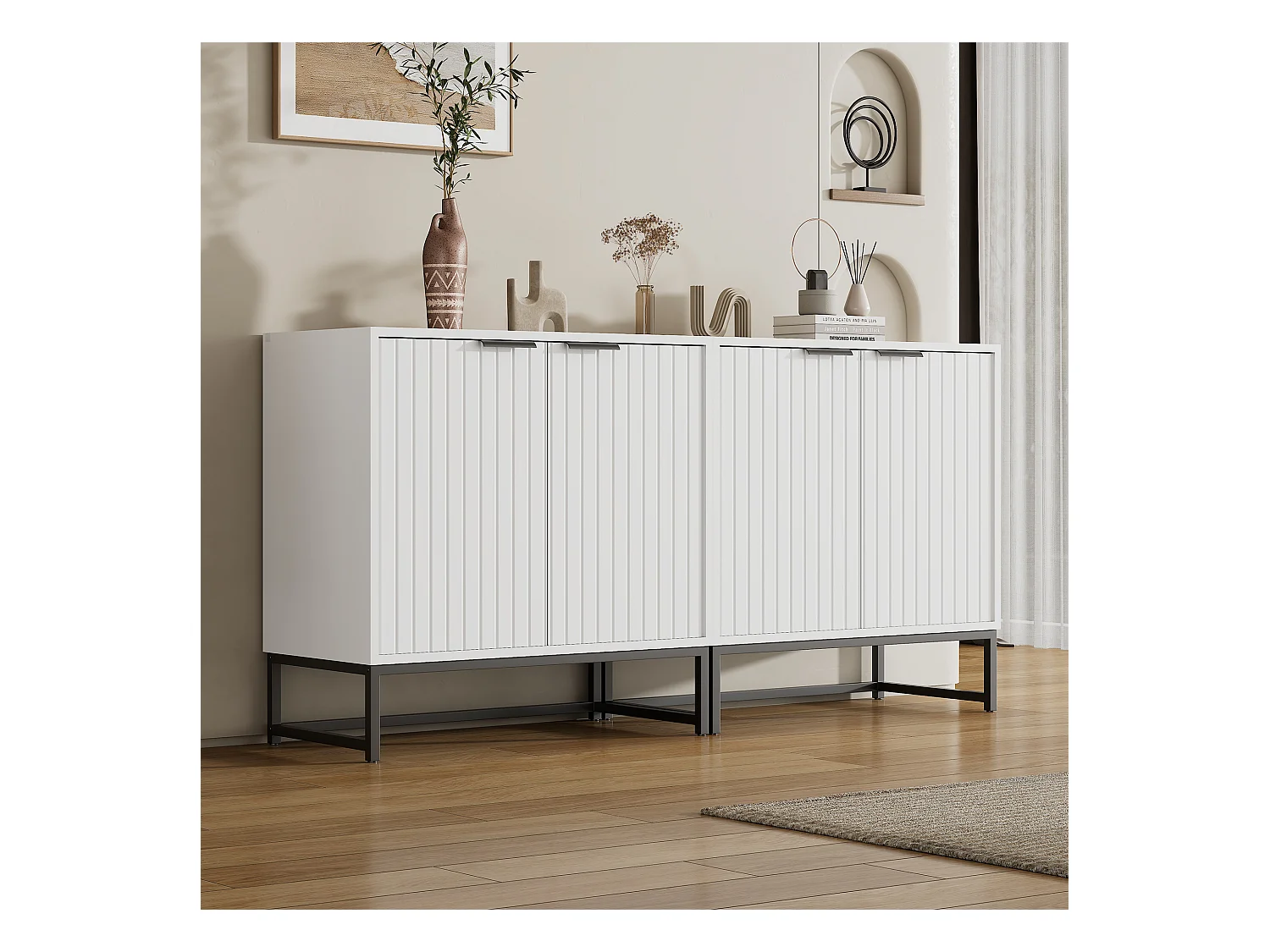 Credenza bianca - Credenza con maniglie e gambe in metallo - 4 ante termoformate - per soggiorno, ingresso e sala da pranzo