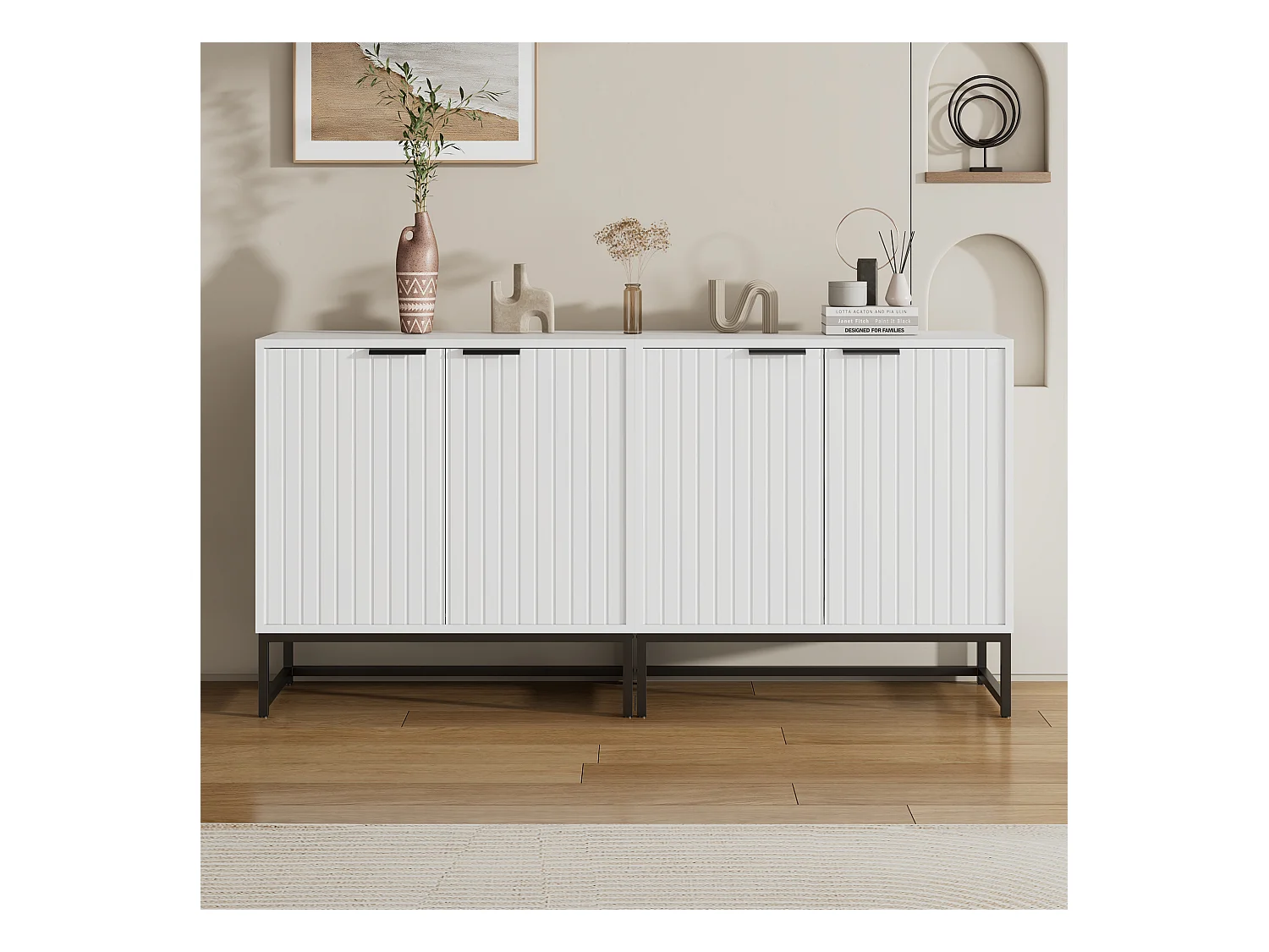 Credenza bianca - Credenza con maniglie e gambe in metallo - 4 ante termoformate - per soggiorno, ingresso e sala da pranzo