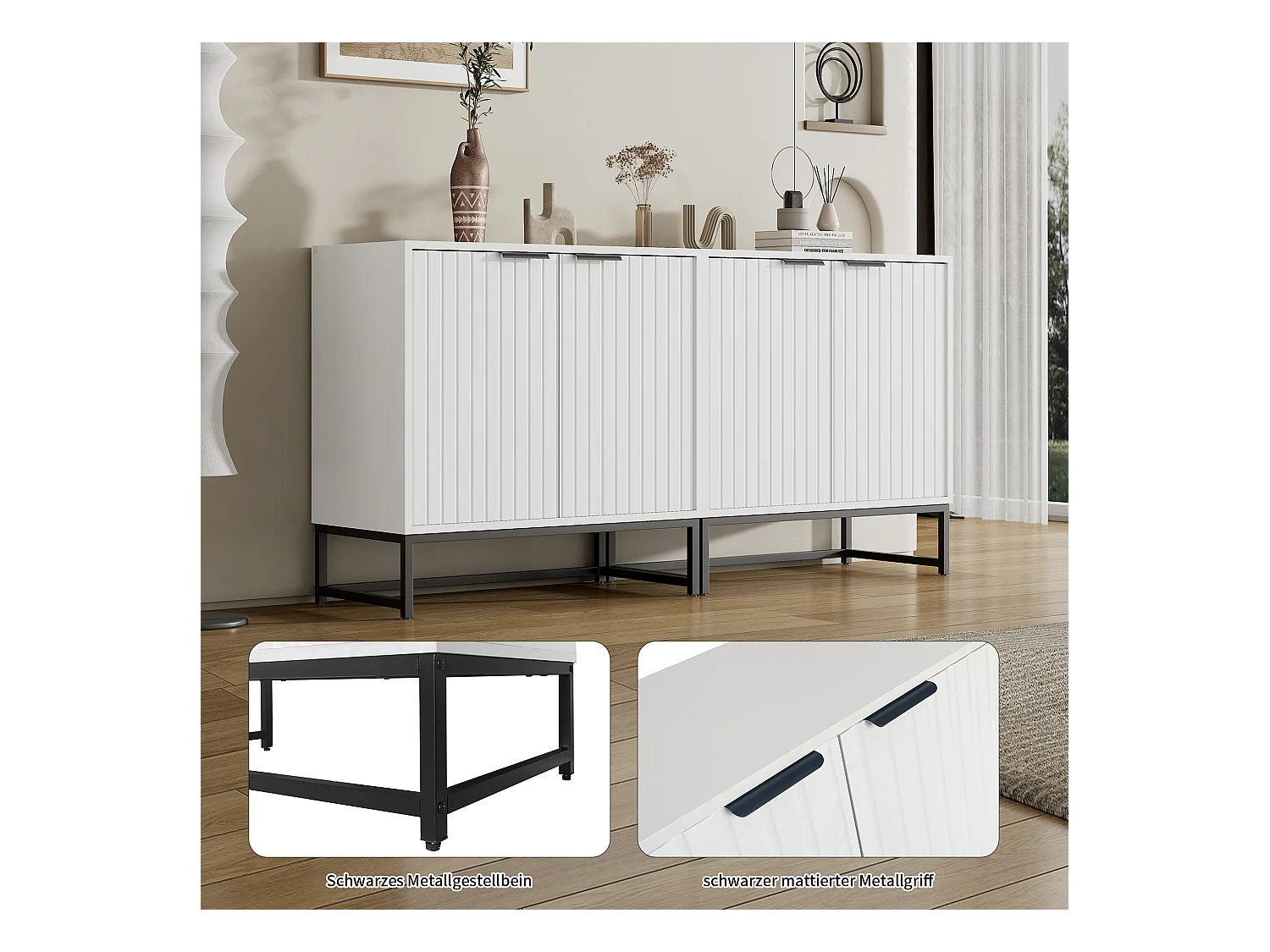 Credenza bianca - Credenza con maniglie e gambe in metallo - 4 ante termoformate - per soggiorno, ingresso e sala da pranzo