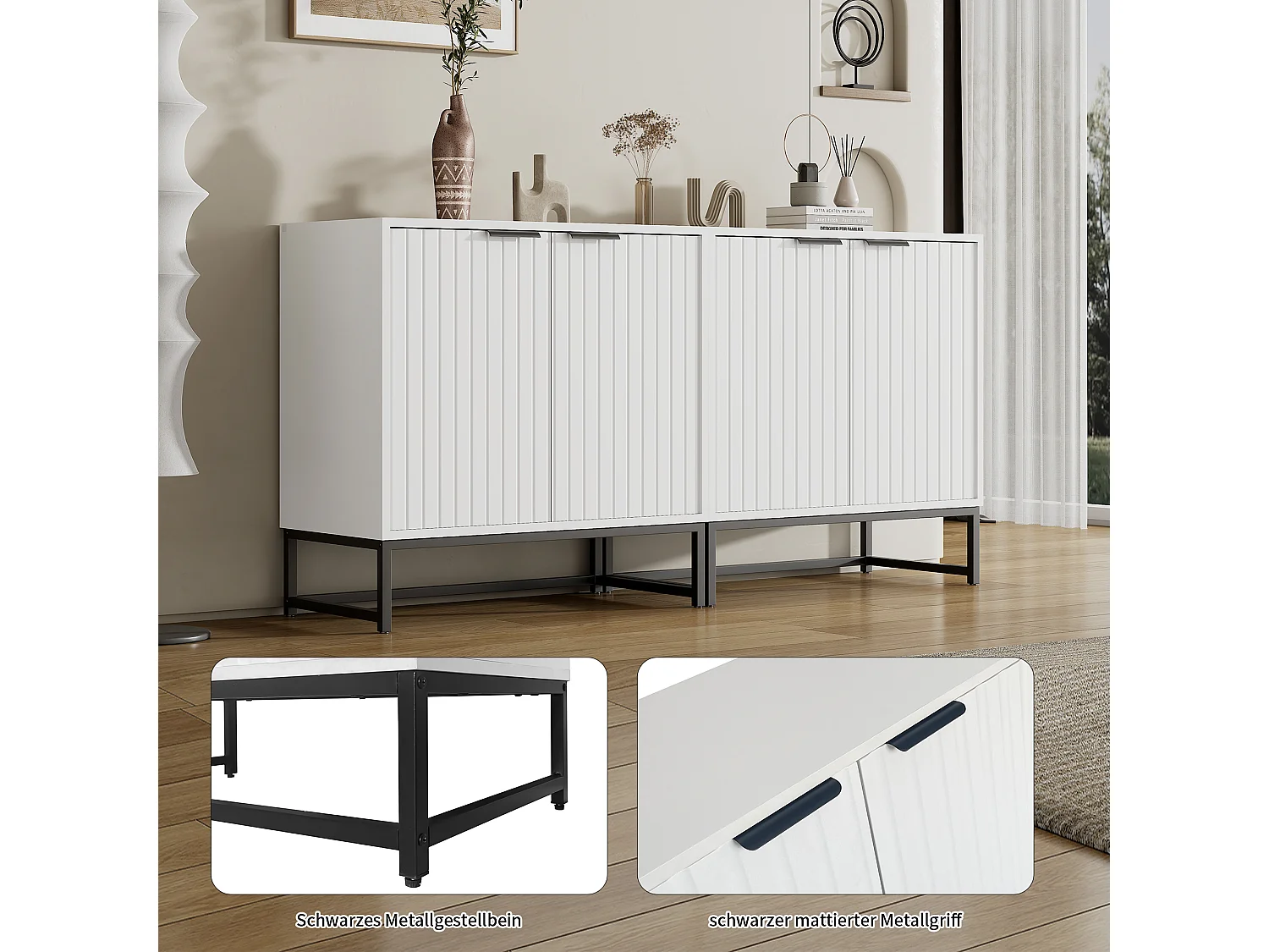 Buffet blanc - Buffet avec poignées et pieds en métal - 4 portes thermoformées - pour salons, couloirs et salles à manger