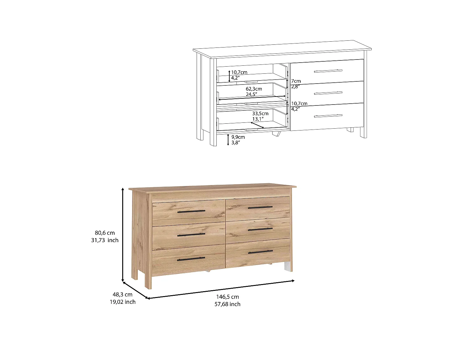 Buffet double Hms en mélamine avec 6 tiroirs avec rails métalliques, beige, 80.6 cm X 140.5 cm X 48.3 cm