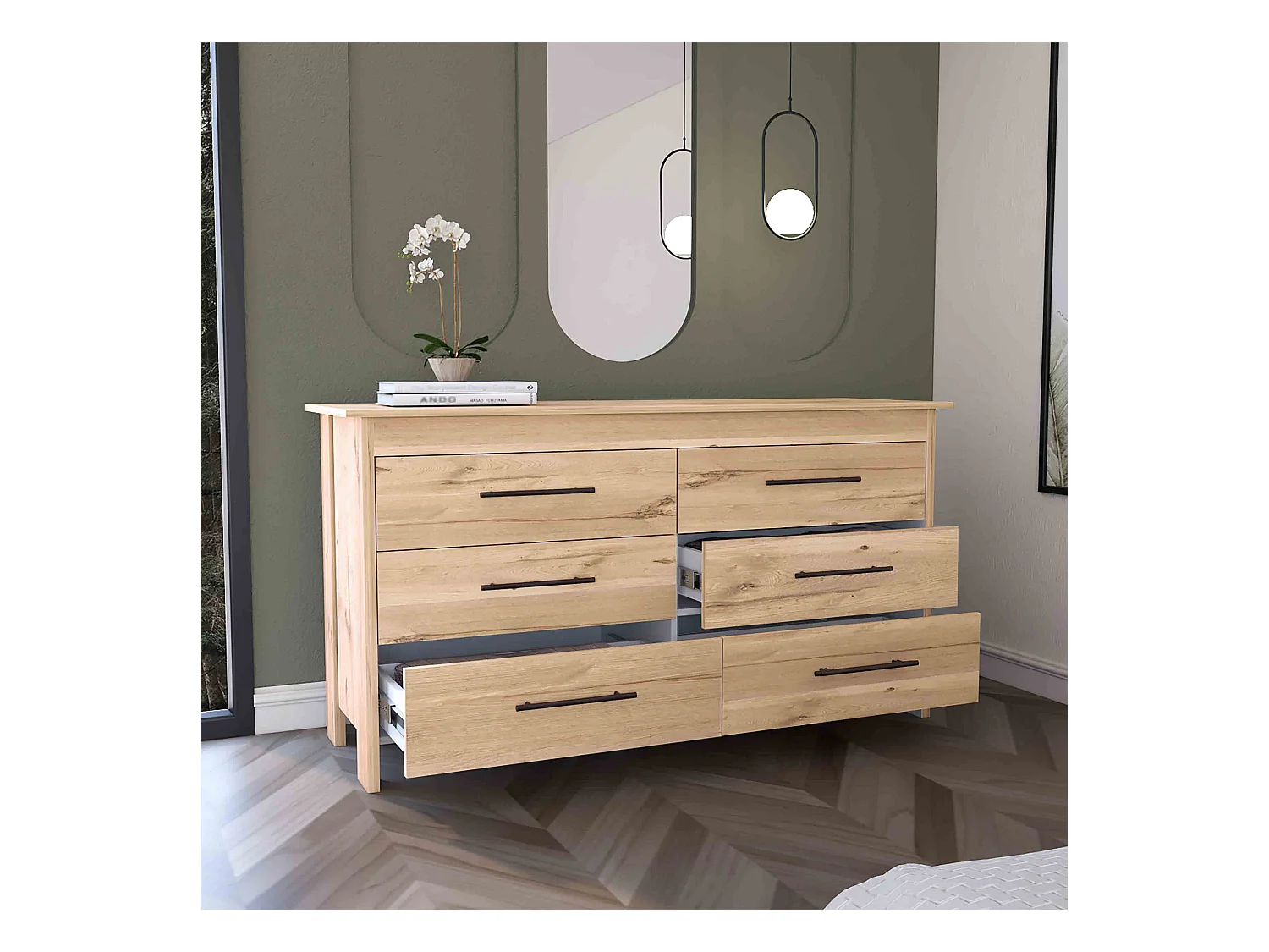 Buffet double Hms en mélamine avec 6 tiroirs avec rails métalliques, beige, 80.6 cm X 140.5 cm X 48.3 cm