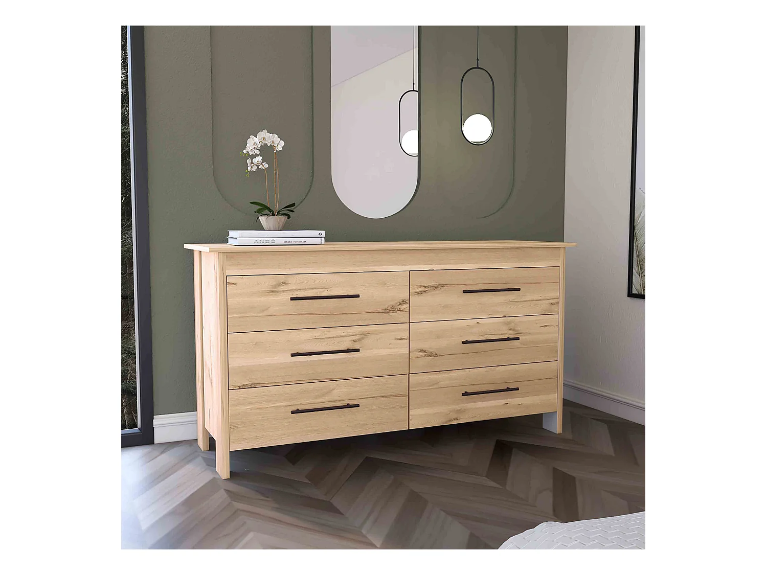 Comò doppio Hms in melaminico con 6 cassetti con guide metalliche, beige, 80.6 cm X 140.5 cm X 48.3 cm