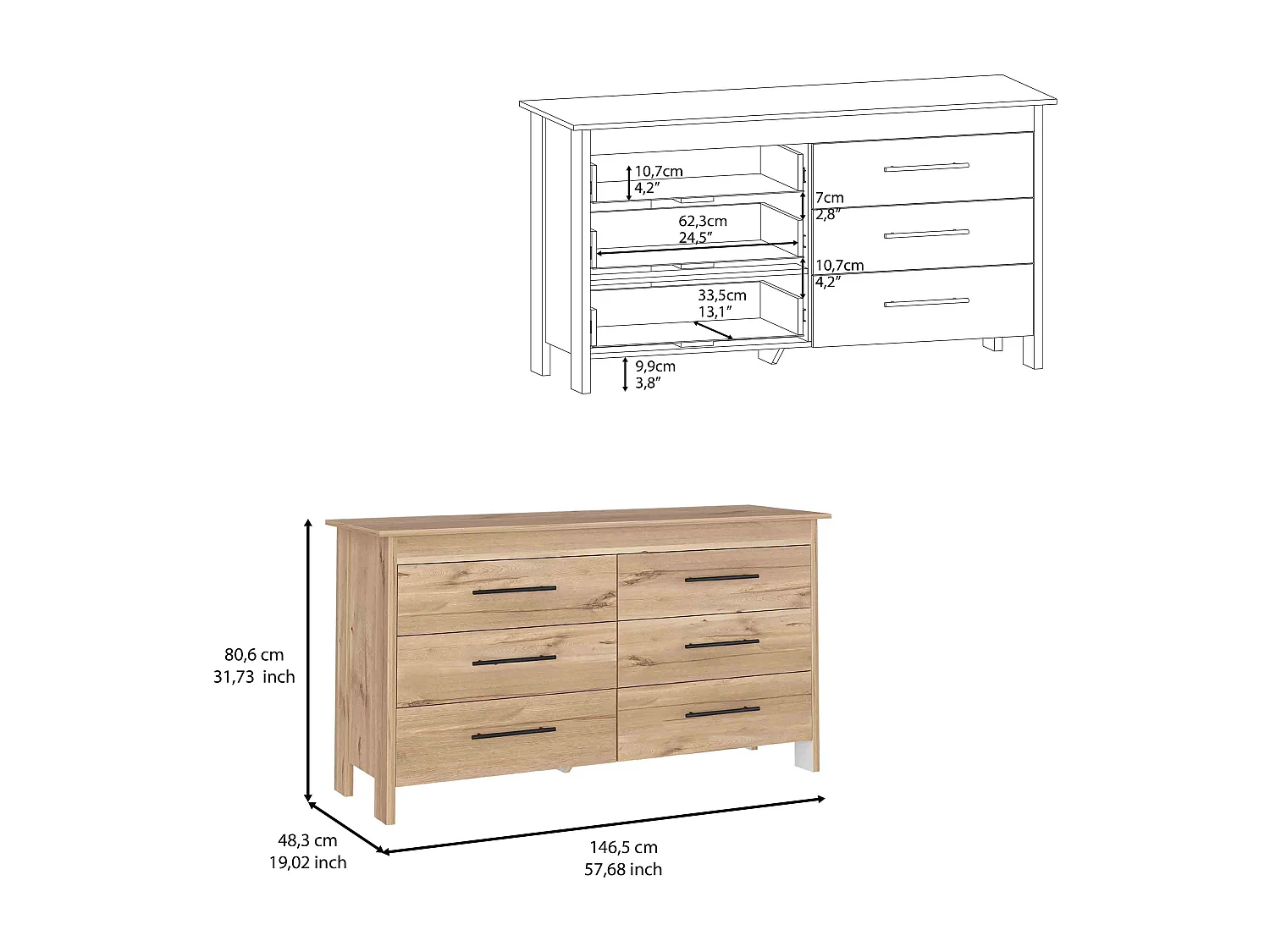 Buffet double Hms en mélamine avec 6 tiroirs avec rails métalliques, beige, 80.6 cm X 140.5 cm X 48.3 cm