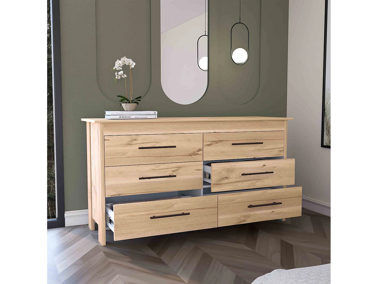 Buffet double Hms en mélamine avec 6 tiroirs avec rails métalliques, beige, 80.6 cm X 140.5 cm X 48.3 cm