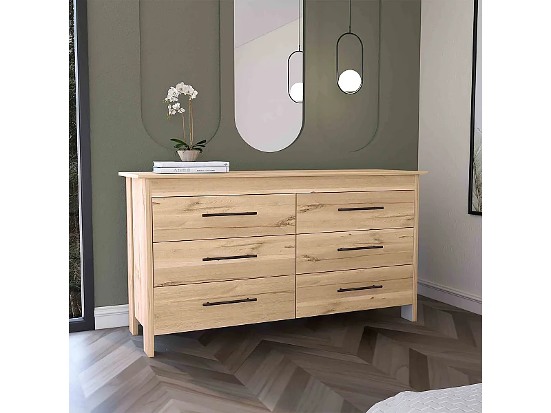 Buffet double Hms en mélamine avec 6 tiroirs avec rails métalliques, beige, 80.6 cm X 140.5 cm X 48.3 cm