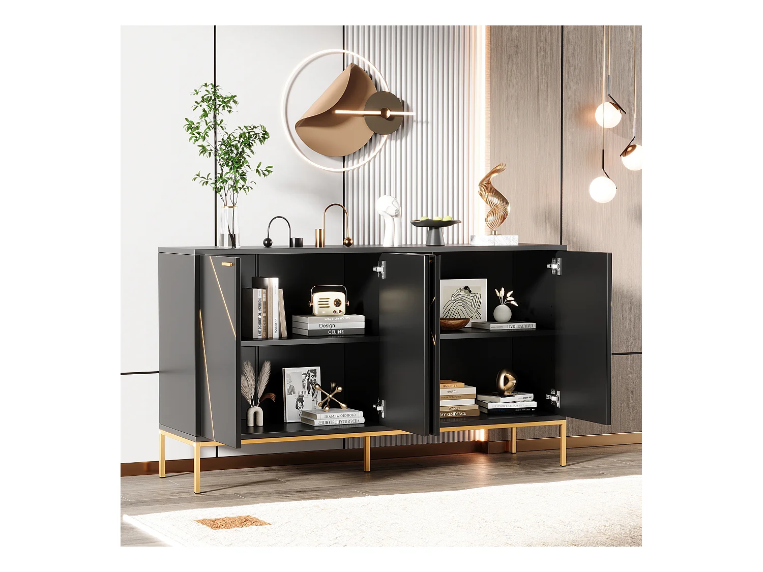 Buffet noir - Buffet à quatre portes et pieds en métal - décoration ligne métal - pour salle à manger, salon et chambre