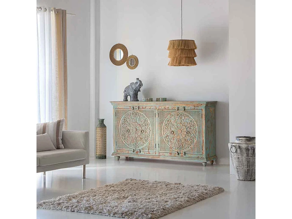 Buffet 4 portes en bois avec finition verte vieillie, 180x42x101h cm