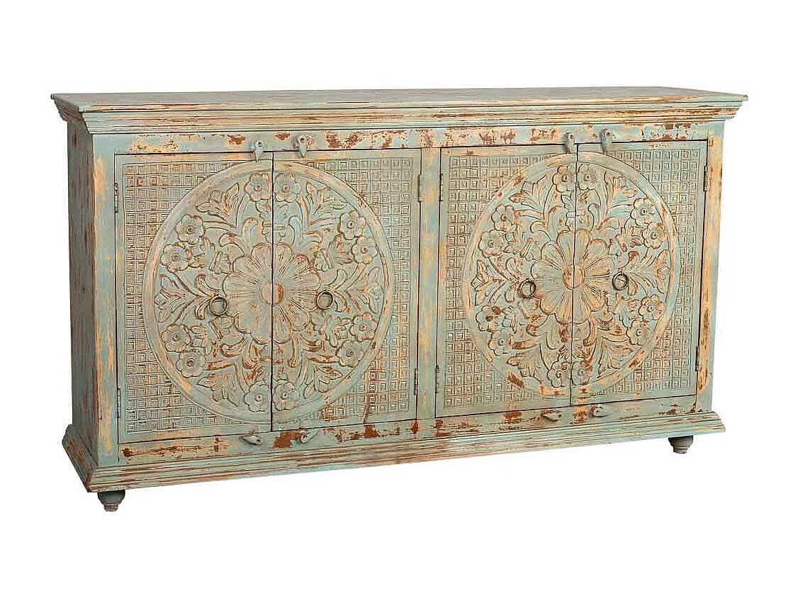 Buffet 4 portes en bois avec finition verte vieillie, 180x42x101h cm