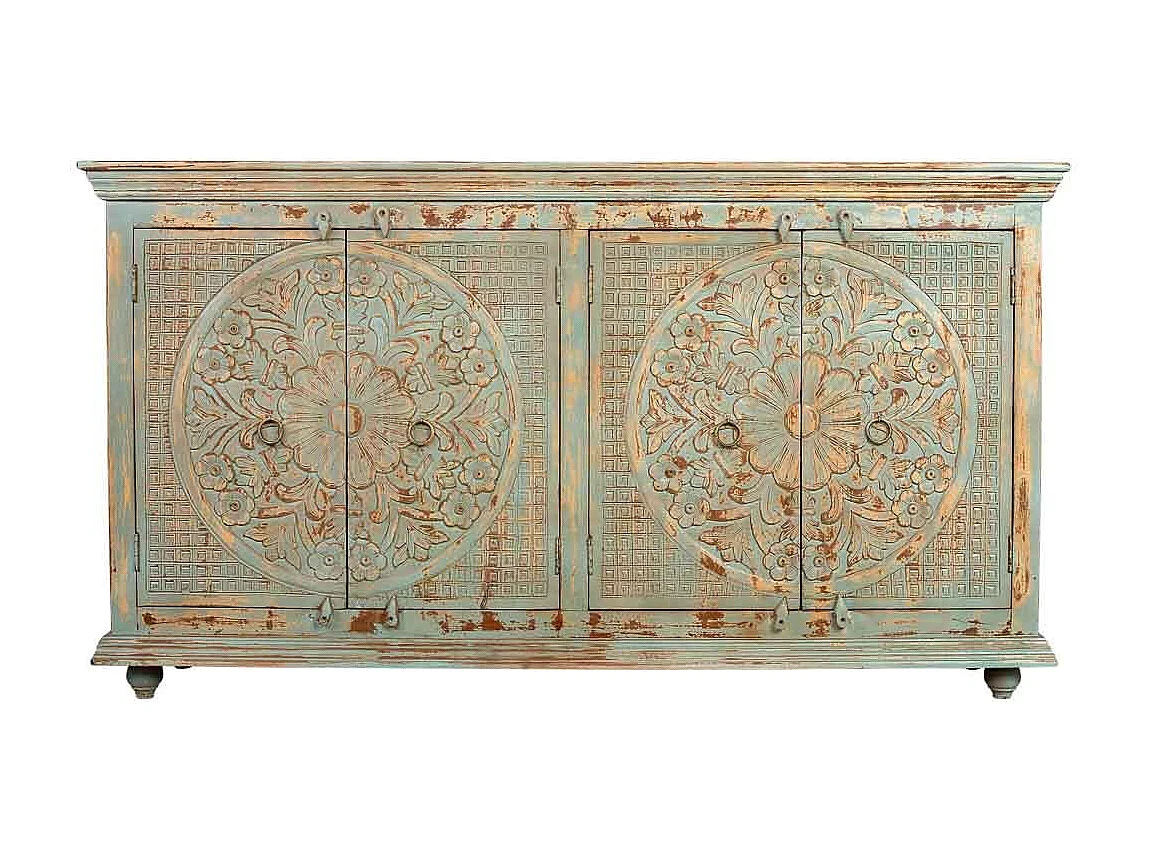 Buffet 4 portes en bois avec finition verte vieillie, 180x42x101h cm