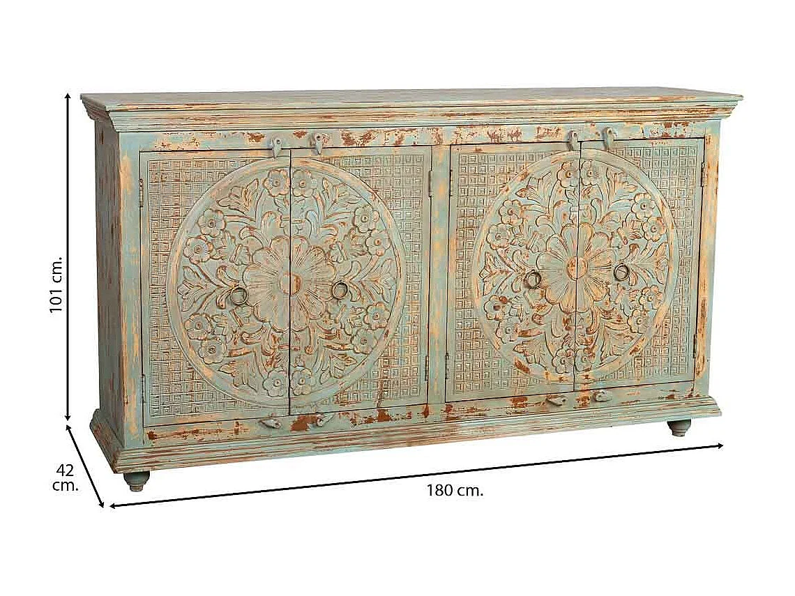 Buffet 4 portes en bois avec finition verte vieillie, 180x42x101h cm