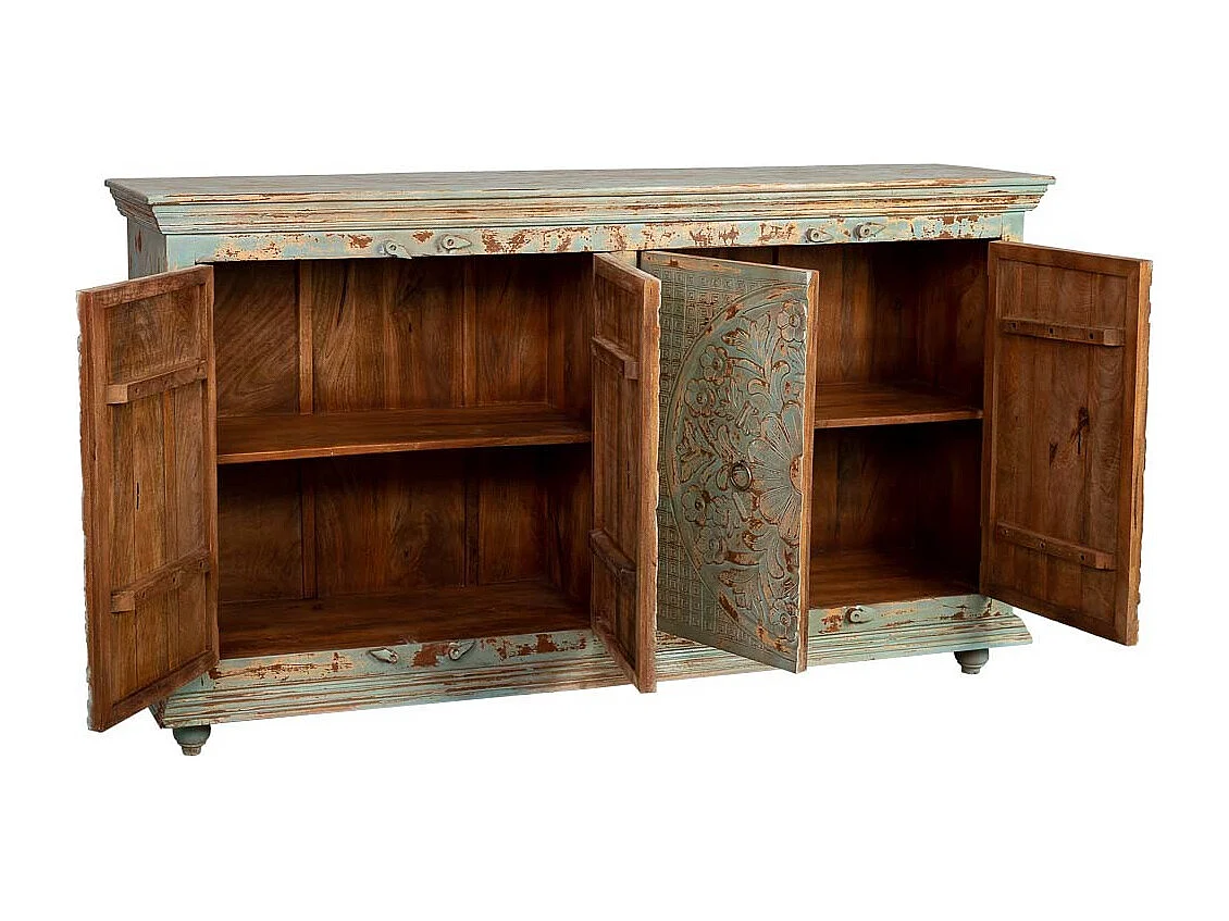 Buffet 4 portes en bois avec finition verte vieillie, 180x42x101h cm