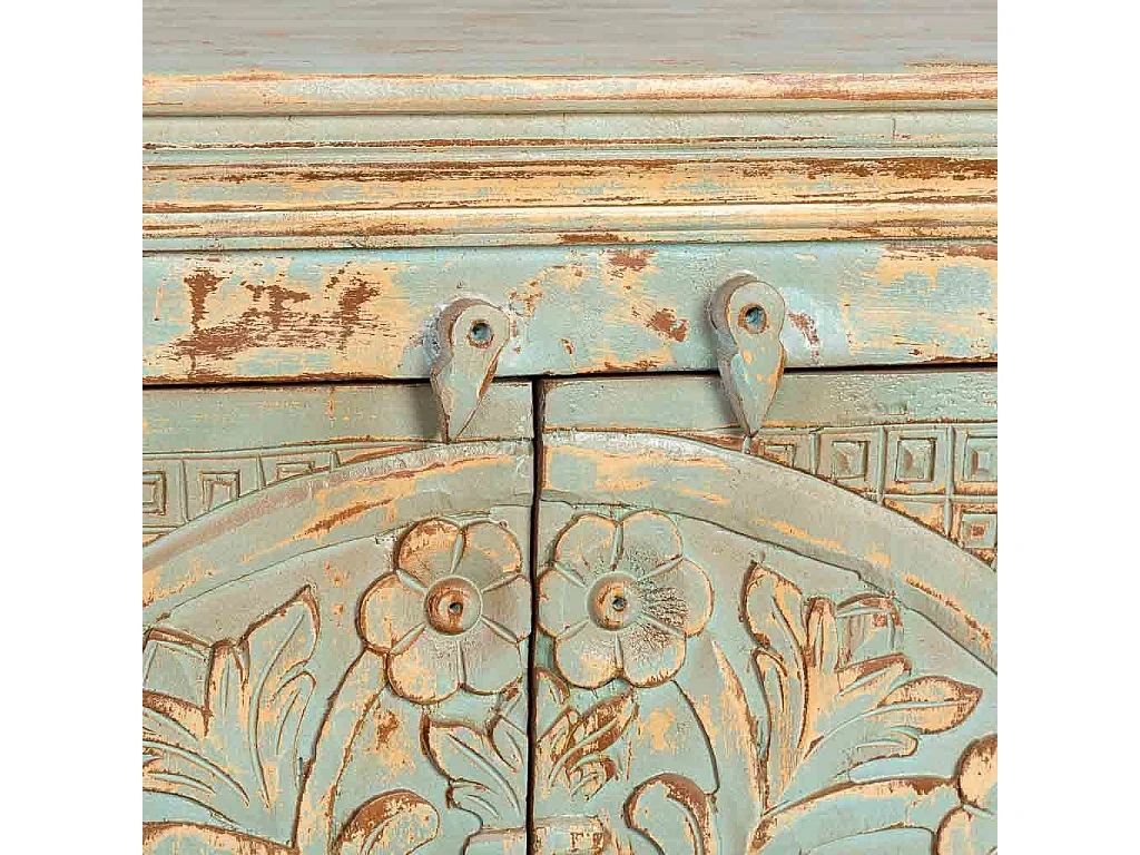 Buffet 4 portes en bois avec finition verte vieillie, 180x42x101h cm