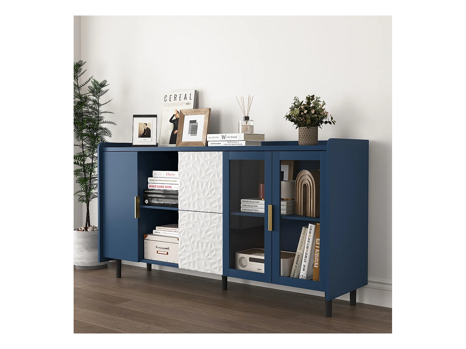Buffet bleu 150cm - Buffet avec 2 tiroirs et 3 portes - 2 rangements ouverts - pour cuisine et salon