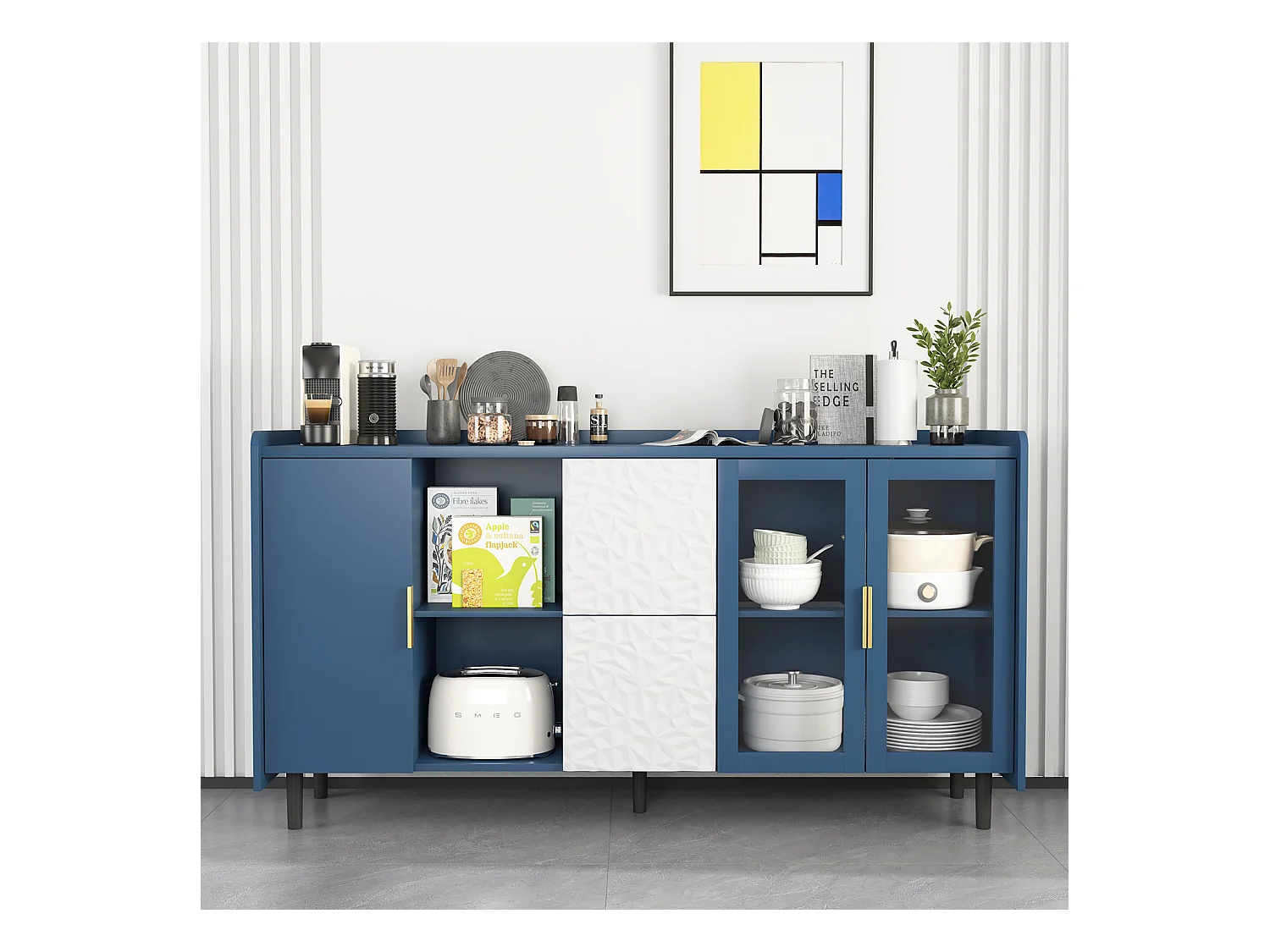 Buffet bleu 150cm - Buffet avec 2 tiroirs et 3 portes - 2 rangements ouverts - pour cuisine et salon