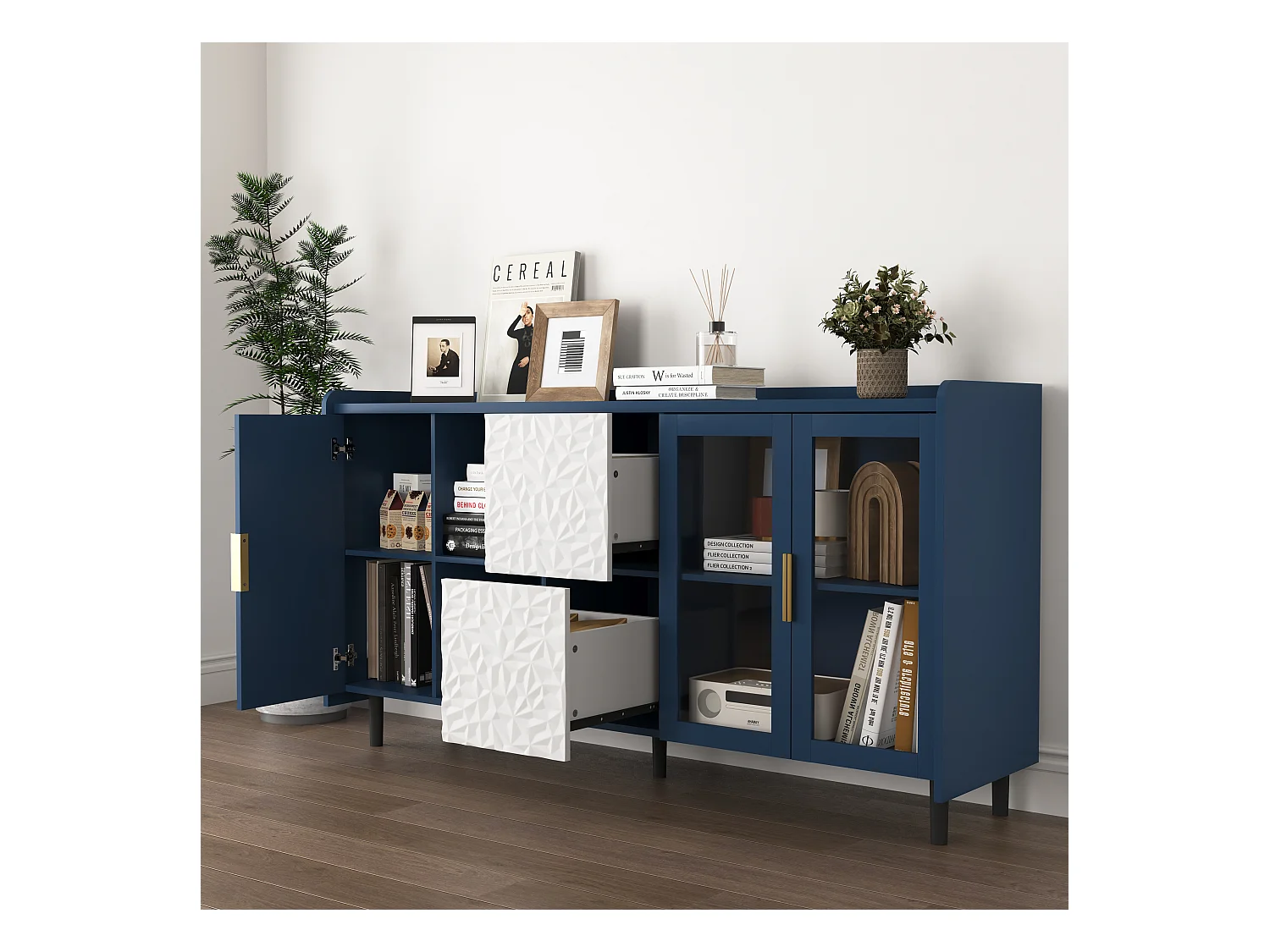 Buffet bleu 150cm - Buffet avec 2 tiroirs et 3 portes - 2 rangements ouverts - pour cuisine et salon