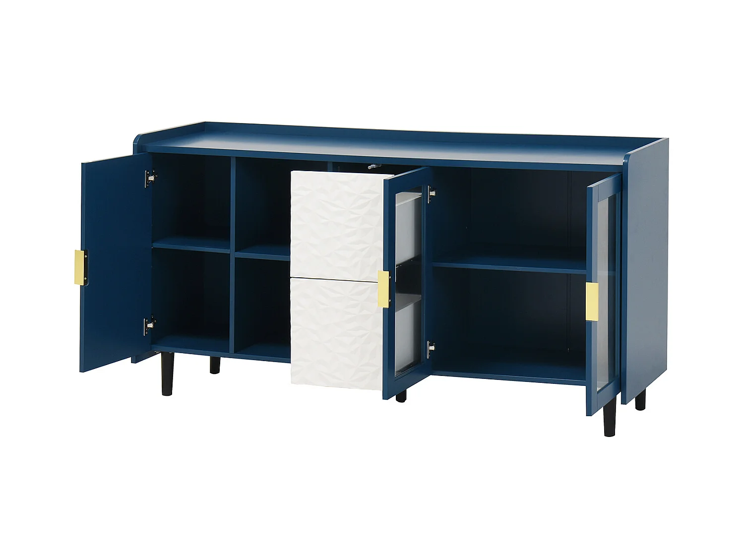 Buffet bleu 150cm - Buffet avec 2 tiroirs et 3 portes - 2 rangements ouverts - pour cuisine et salon