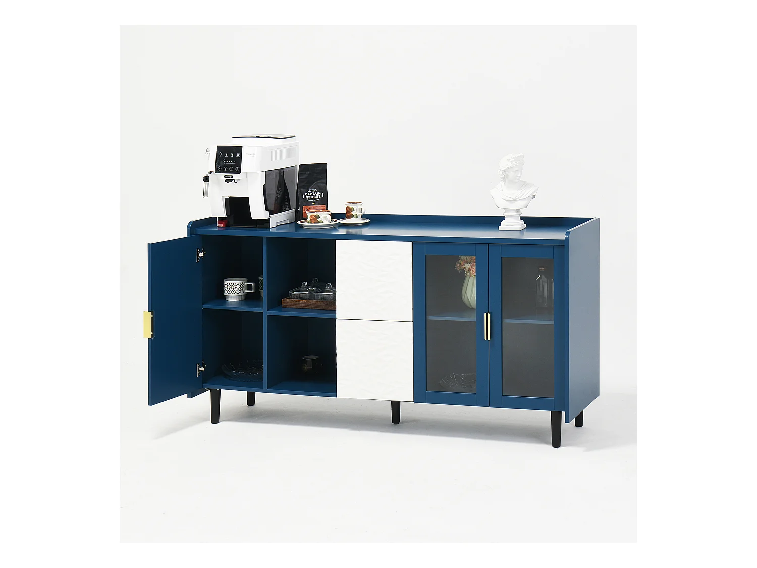 Buffet bleu 150cm - Buffet avec 2 tiroirs et 3 portes - 2 rangements ouverts - pour cuisine et salon