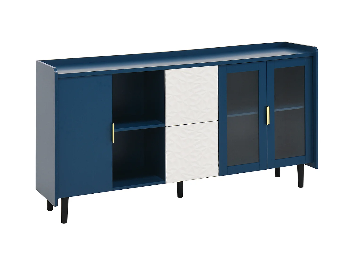 Buffet bleu 150cm - Buffet avec 2 tiroirs et 3 portes - 2 rangements ouverts - pour cuisine et salon
