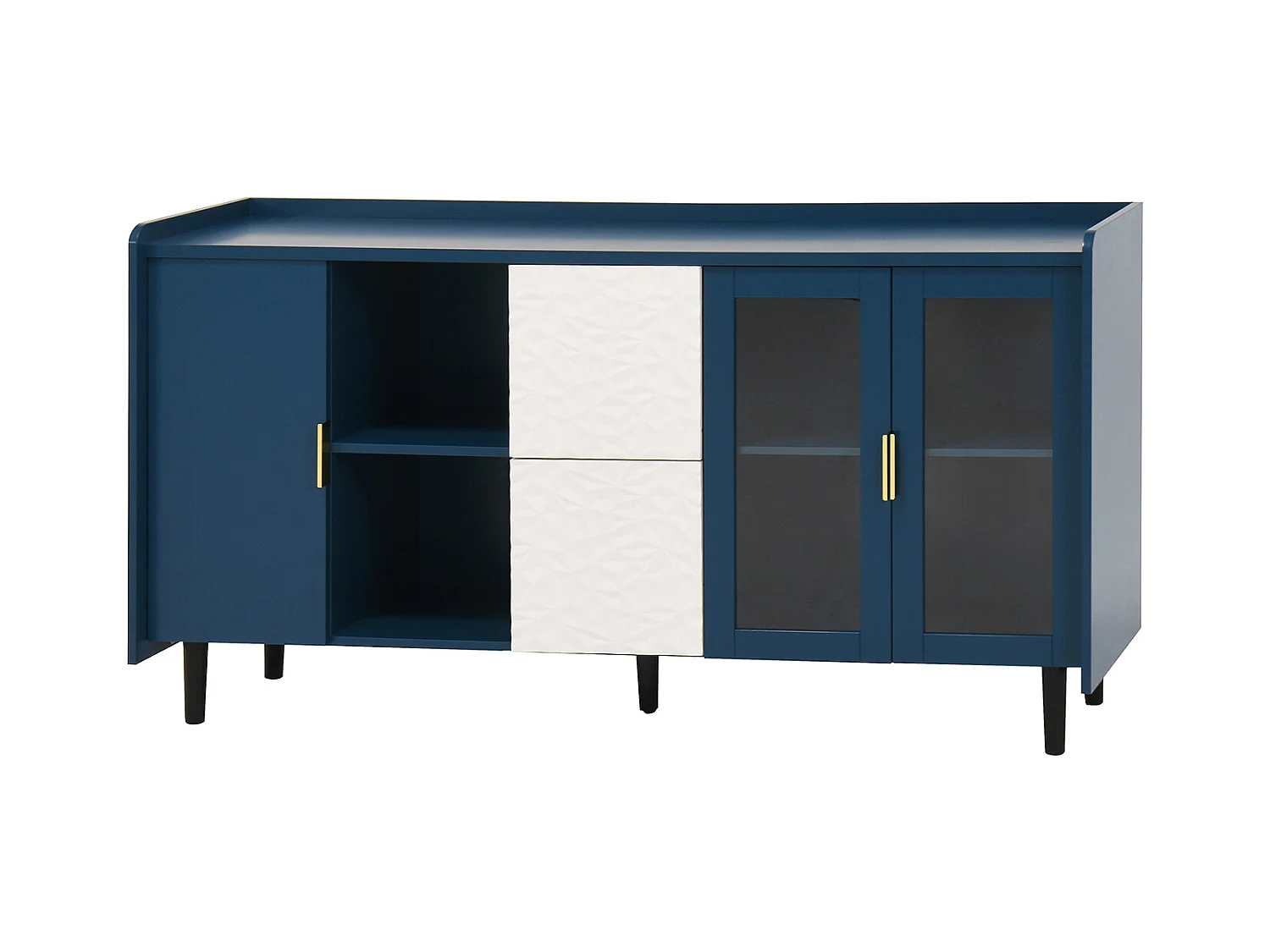 Buffet bleu 150cm - Buffet avec 2 tiroirs et 3 portes - 2 rangements ouverts - pour cuisine et salon