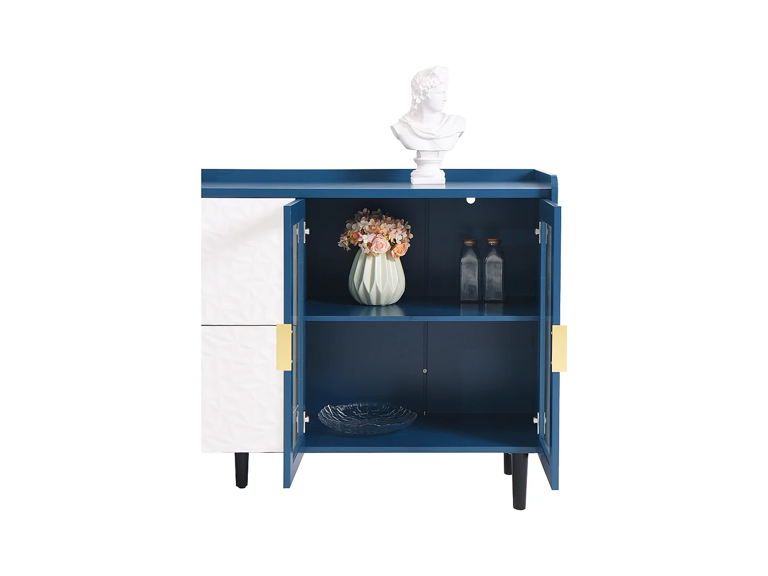 Buffet bleu 150cm - Buffet avec 2 tiroirs et 3 portes - 2 rangements ouverts - pour cuisine et salon