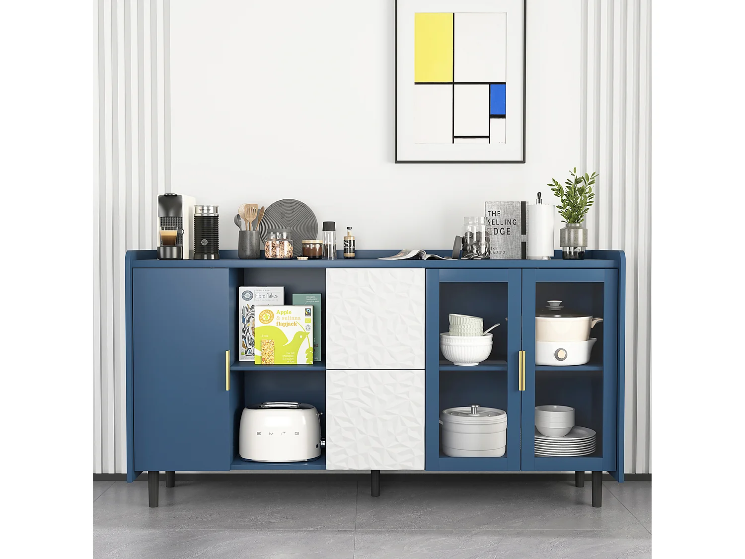 Credenza blu 150cm - Credenza con 2 cassetti e 3 ante - 2 vani portaoggetti aperti - per cucina e soggiorno