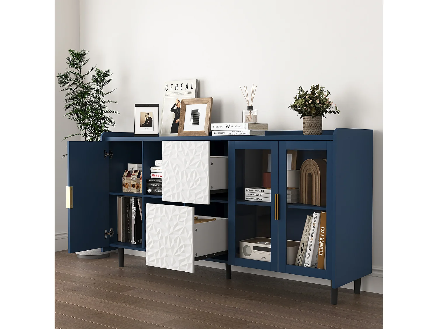 Credenza blu 150cm - Credenza con 2 cassetti e 3 ante - 2 vani portaoggetti aperti - per cucina e soggiorno